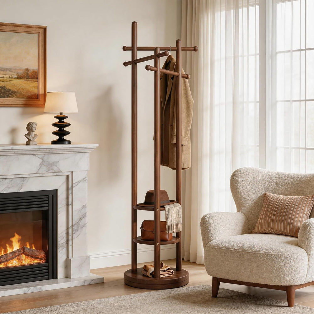 Coat Rack Freestanding, Solid Wood Coat Tree with 6 Hooks and 3 Storage Shelv...