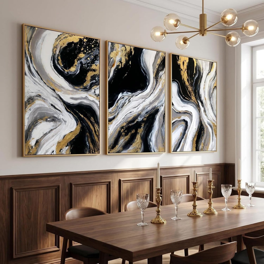 3D Textured Black and Gold Abstract Wall Art for Living Room, Hand Painted Se...