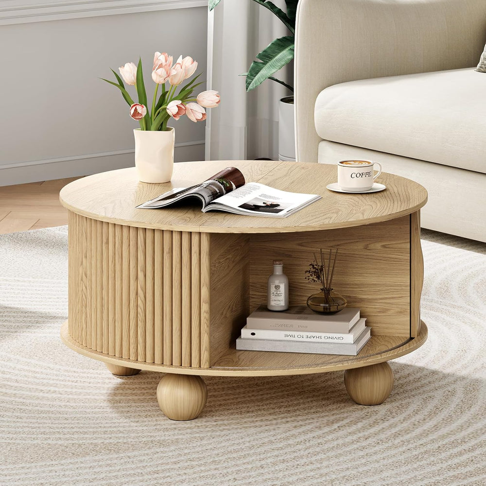 JOINICE 31.5" Round Coffee Table with Storage for Living Room,Natural Oak