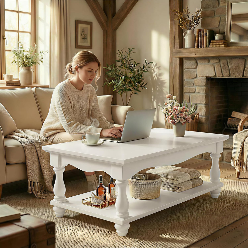 Besiost 47" Farmhouse Coffee Table with 2-Tier Storage, White