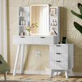 Xixini Fluted Vanity Desk with LED Lights Mirror & Charging Station, White