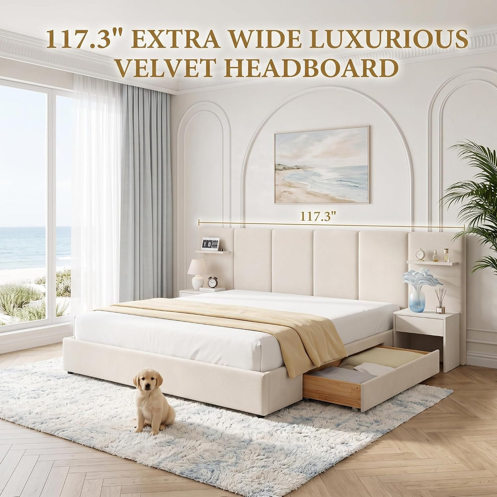 King Size Bed Frame with Storage & Built-in Nightstands & Drawers, Beige