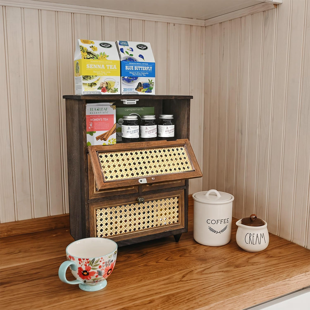 Ikee Design Small Rattan Countertop Storage Cabinet with Doors with Shelves