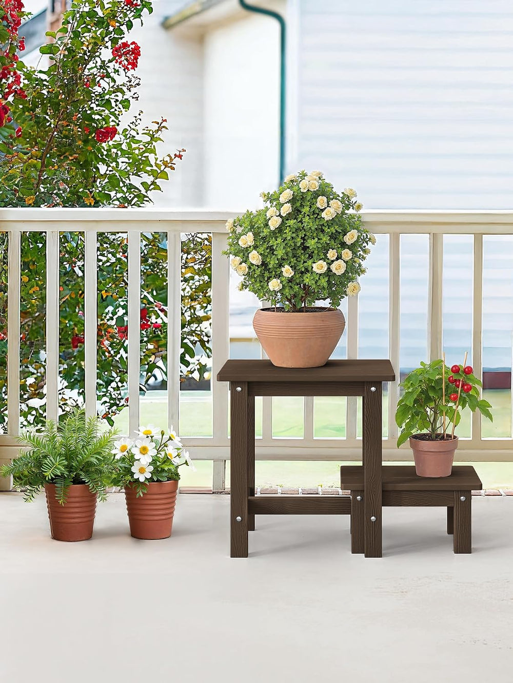 LUE BONA Small Outdoor Side Table with Removable Footstool for Patio, Brown