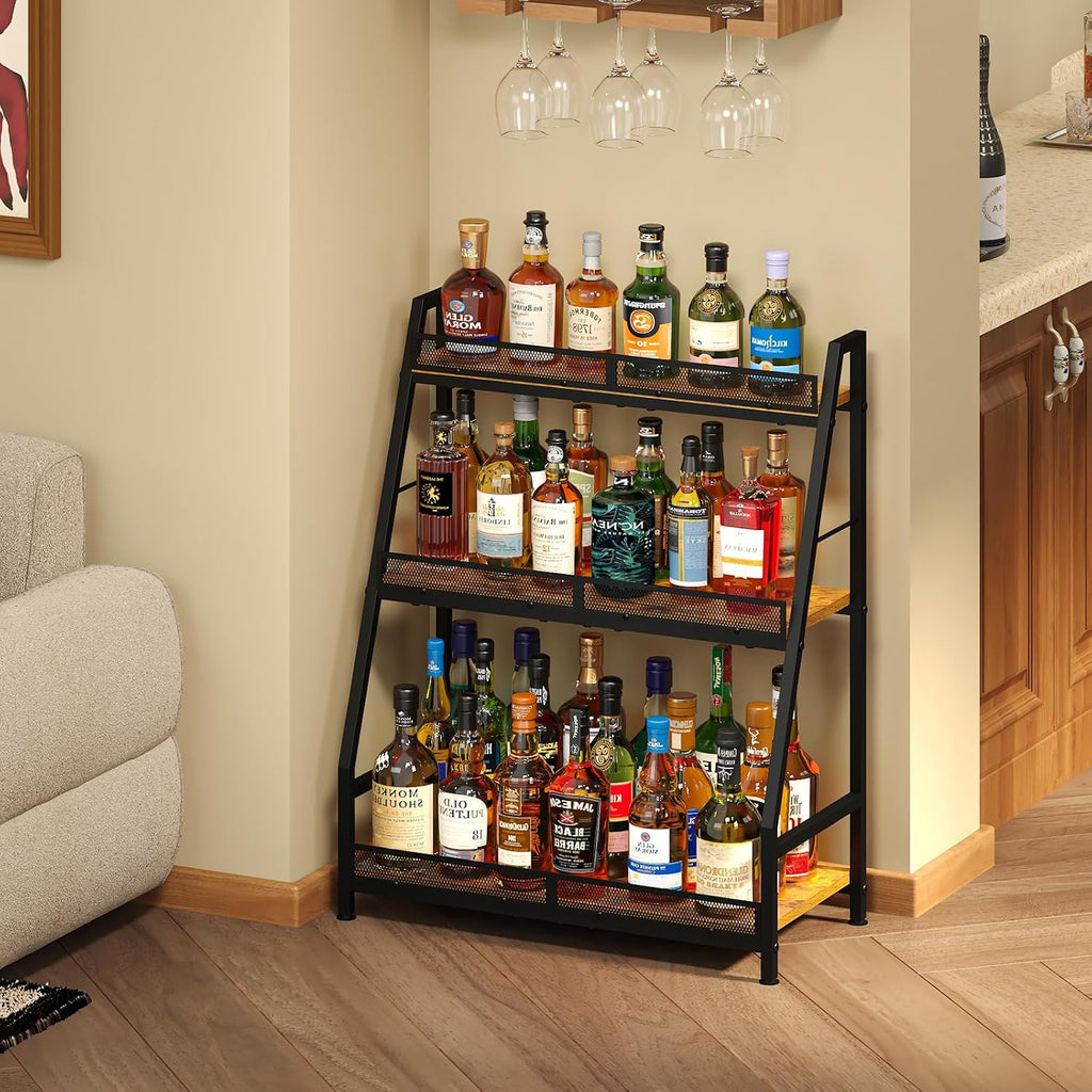 Hayexiha 3-Tier Expanded Liquor Stand, Freestanding Trapezoid Wine Rack | 40+Bottle Capacity: 24.8-inch-wide wood-and-steel stand has stepped shelves, safety fencing and adjustable feet.