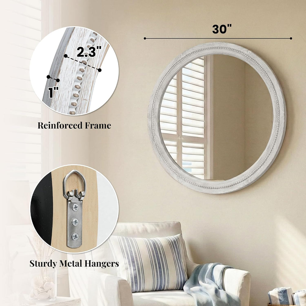 Solid Wood 30 Inch Round Beaded Bathroom Mirror, Distressed White