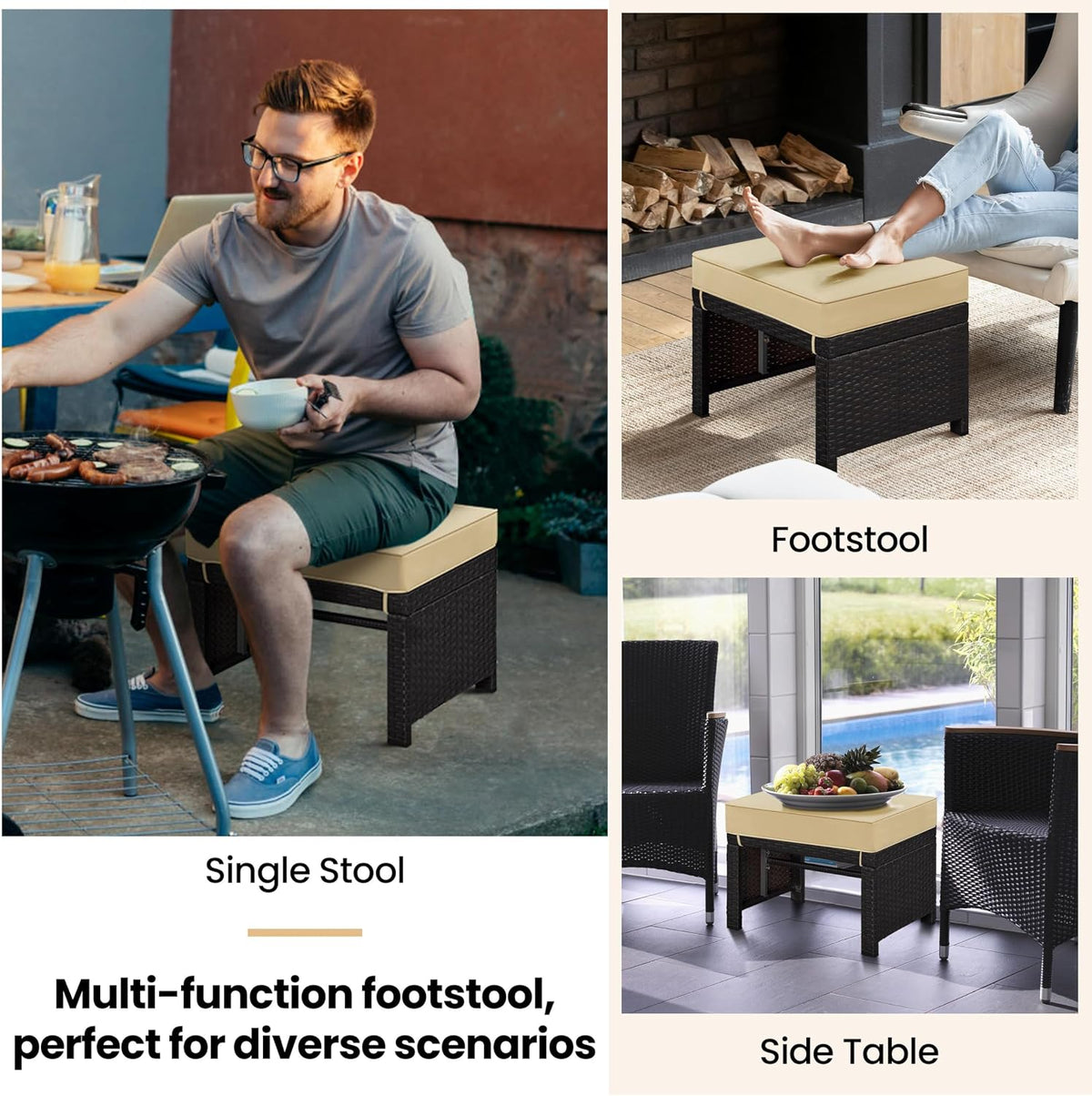 Yaheetech Wicker Ottomans, Set of 2 Footrest with Removable Cushion, 2pcs PE Rattan Side Table Additional Seating Multipurpose Outdoor Furniture for Patio, Backyard, Brown/Khaki