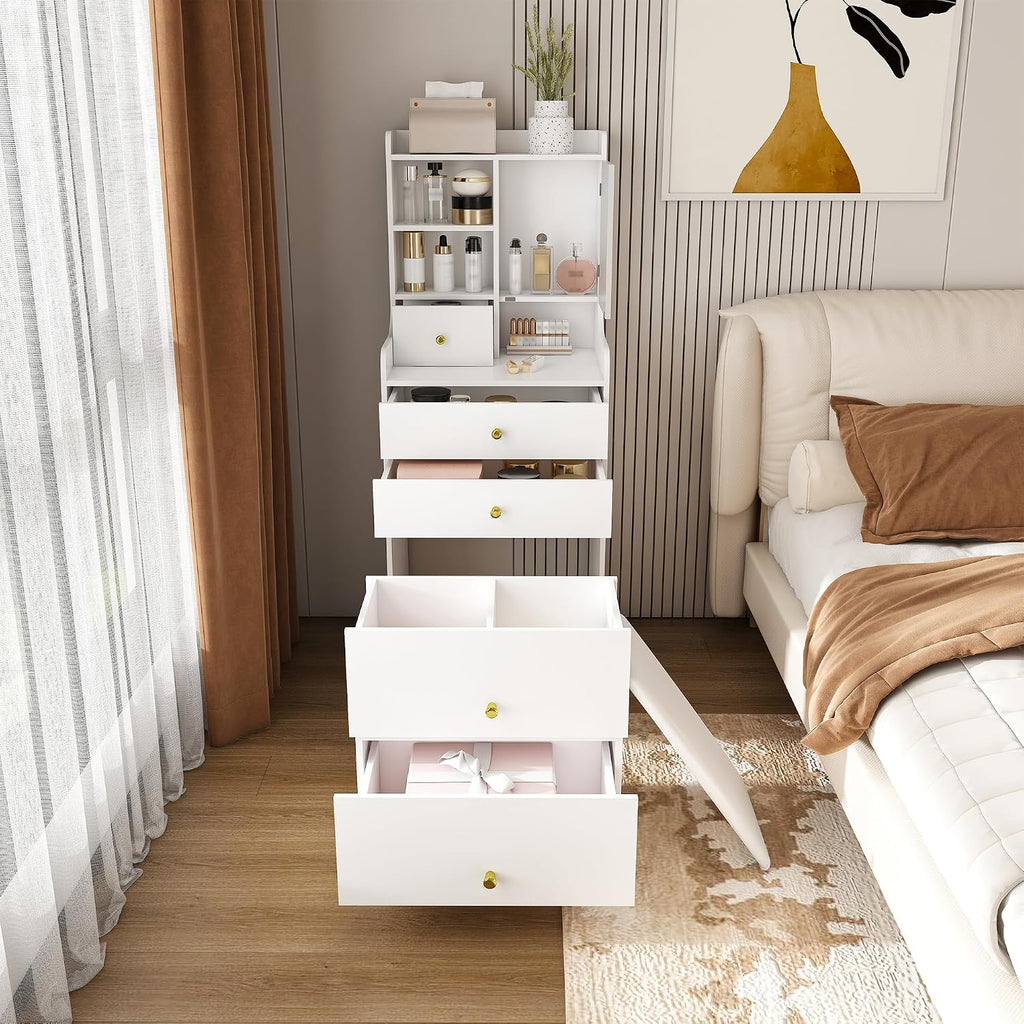 Runboll Compact Dressing Table with Storage Stool & Adjustable Lighted Mirror, 3-in-1 Small Makeup Vanity Desk with 4 Drawers & Open Shelves, for Small Space