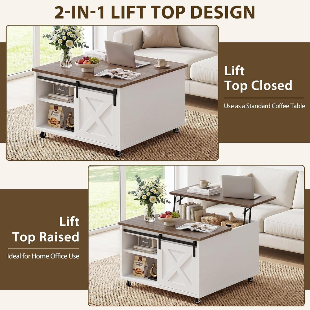 Lift Top Coffee Table with Wheels 31" Square, Farmhouse, Off White