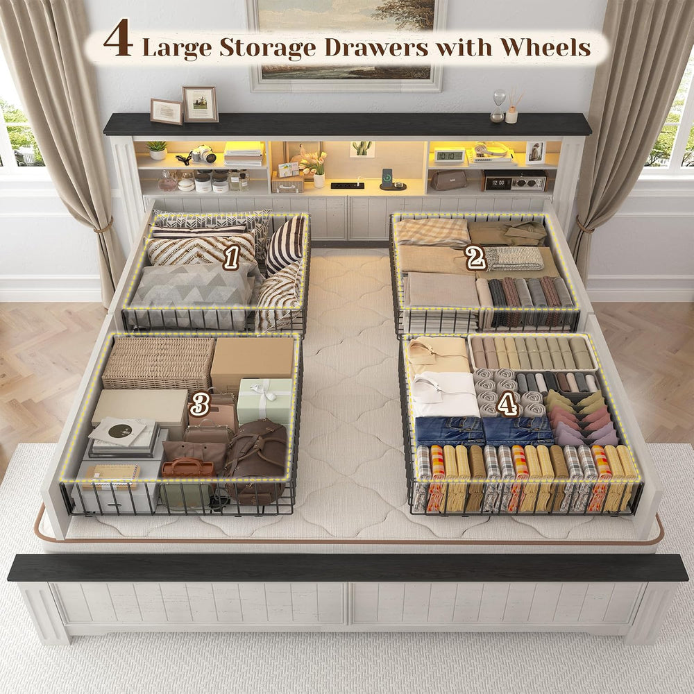 EnHomee King Size Bed Frame and Headboard & 4 Storage Drawers,White