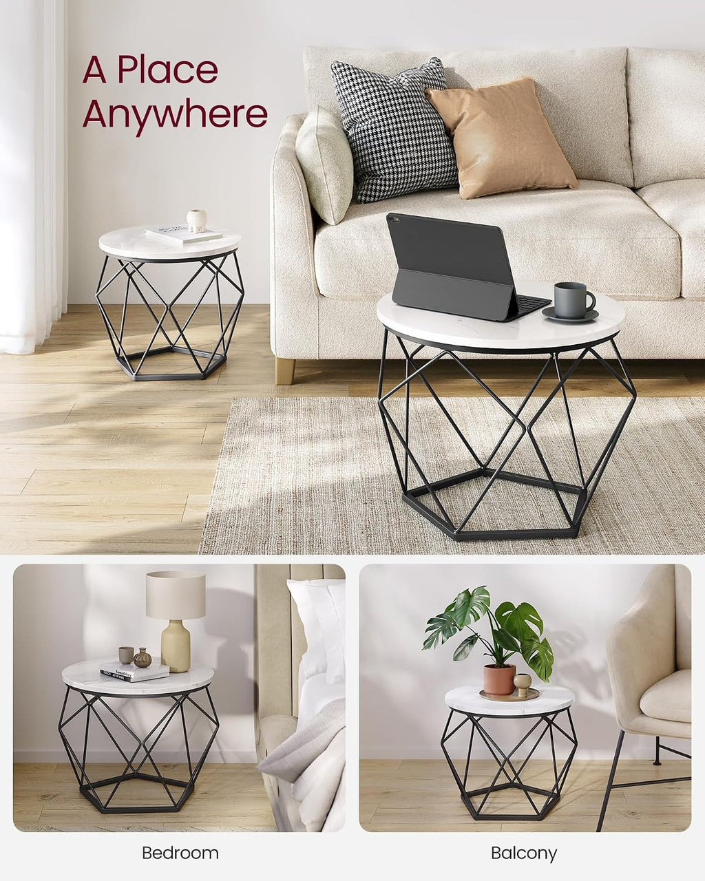 VASAGLE Small Round Coffee Table Set of 2, with Steel Frame