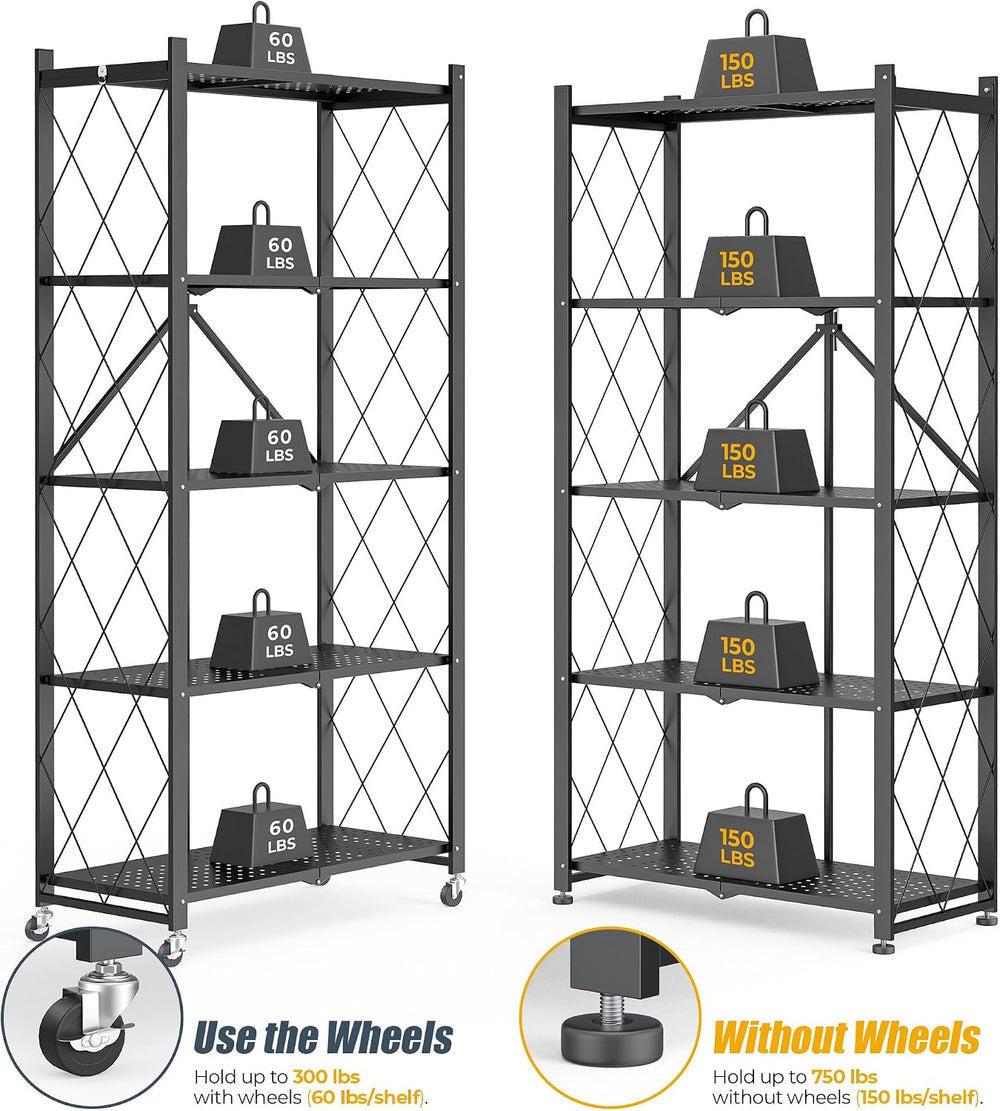 Storage Shelves with Wheels, 5 Tier Metal Collapsible Shelving Unit, Heavy Du...