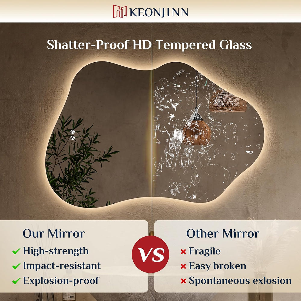 Keonjinn 24" x 36" Asymmetrical Backlit Bathroom Mirror, HD Tempere...