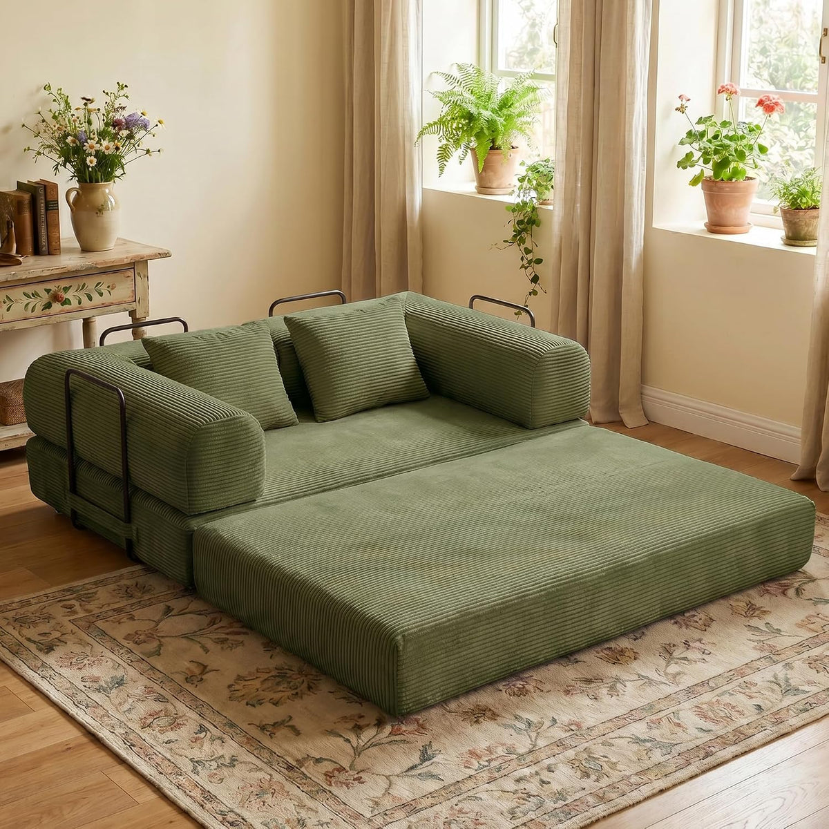 59" Convertible Floor Sofa Bed, Couches for Living Room, Green | Corduroy Loveseat Sleeper Floor Sofa, Modular Sectional Sofa, Futon Couch, Pull Out Couch, No Assembly Required