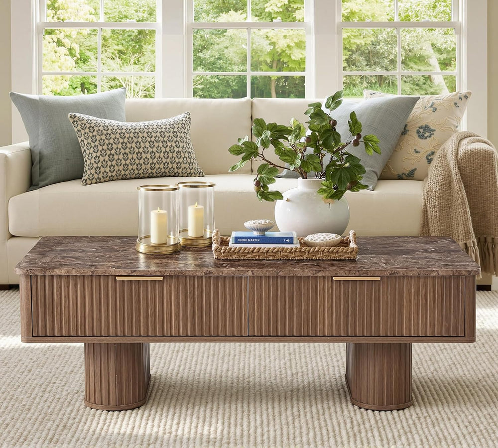 win2win Rectangle Coffee Table with Storage, Faux Marble Top, Walnut