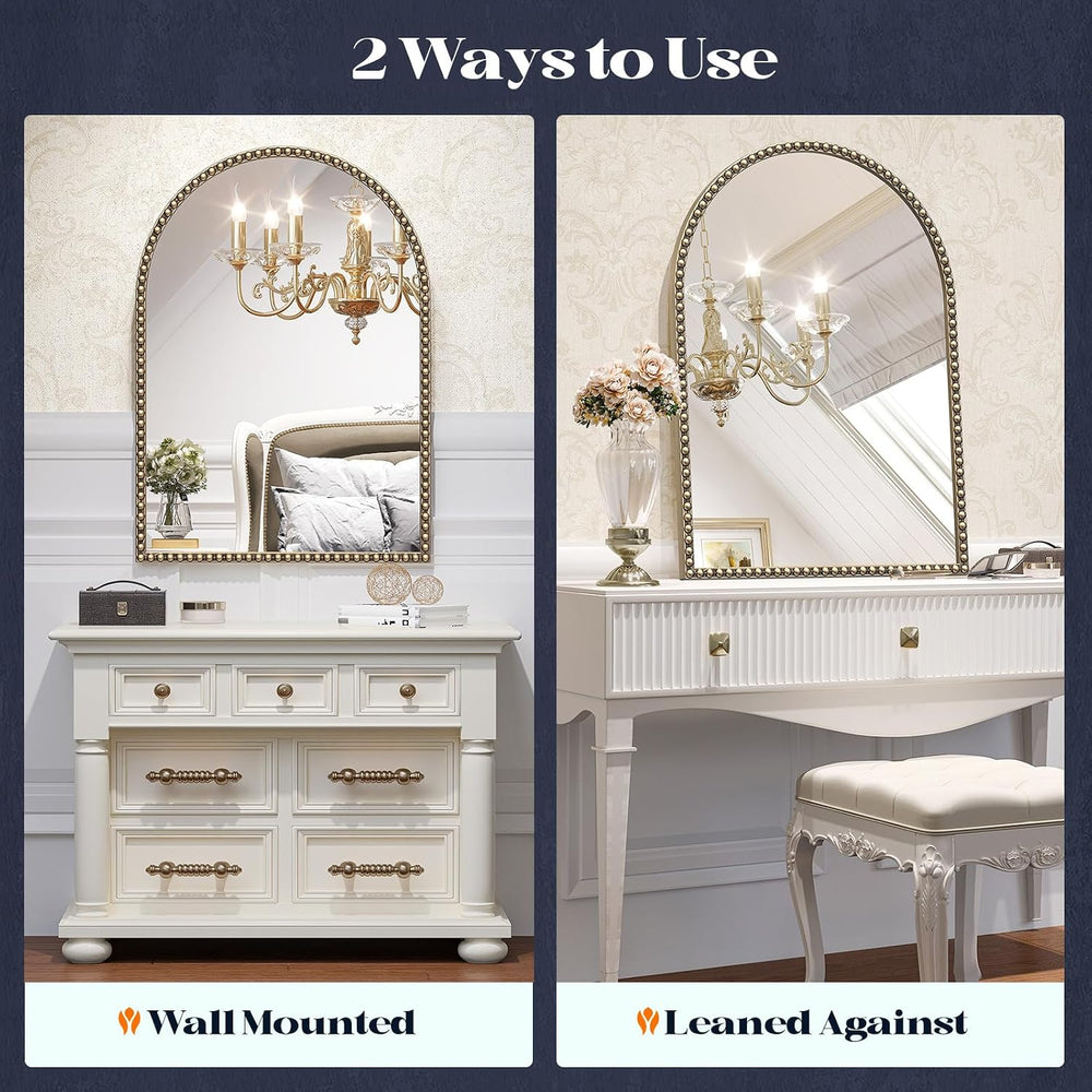 Arched Beaded Mirror, 24"x36" Champagne Bronze Mirror for Bathroom