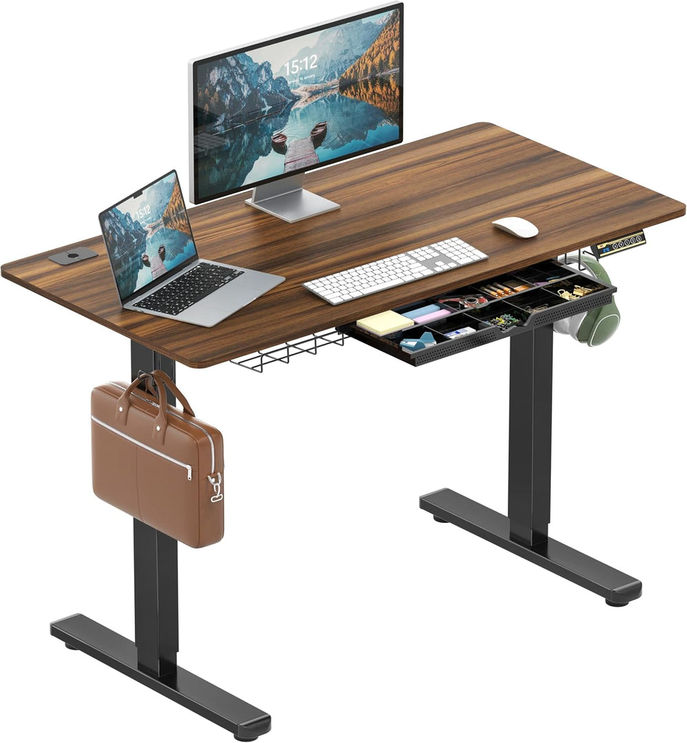 SHW 48-Inch Electric Height Adjustable Standing Desk w/ Drawer, Walnut