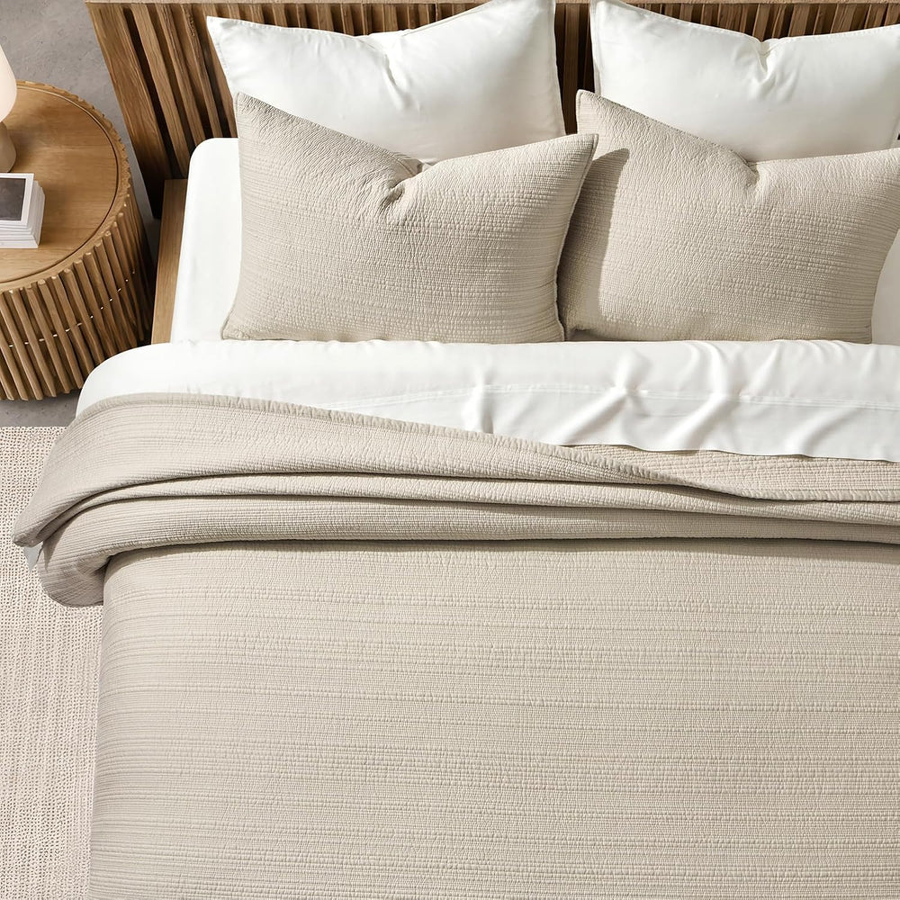 EVERGRACEHOME Cotton Sateen Channel Quilt Set, King Size, Parchment
