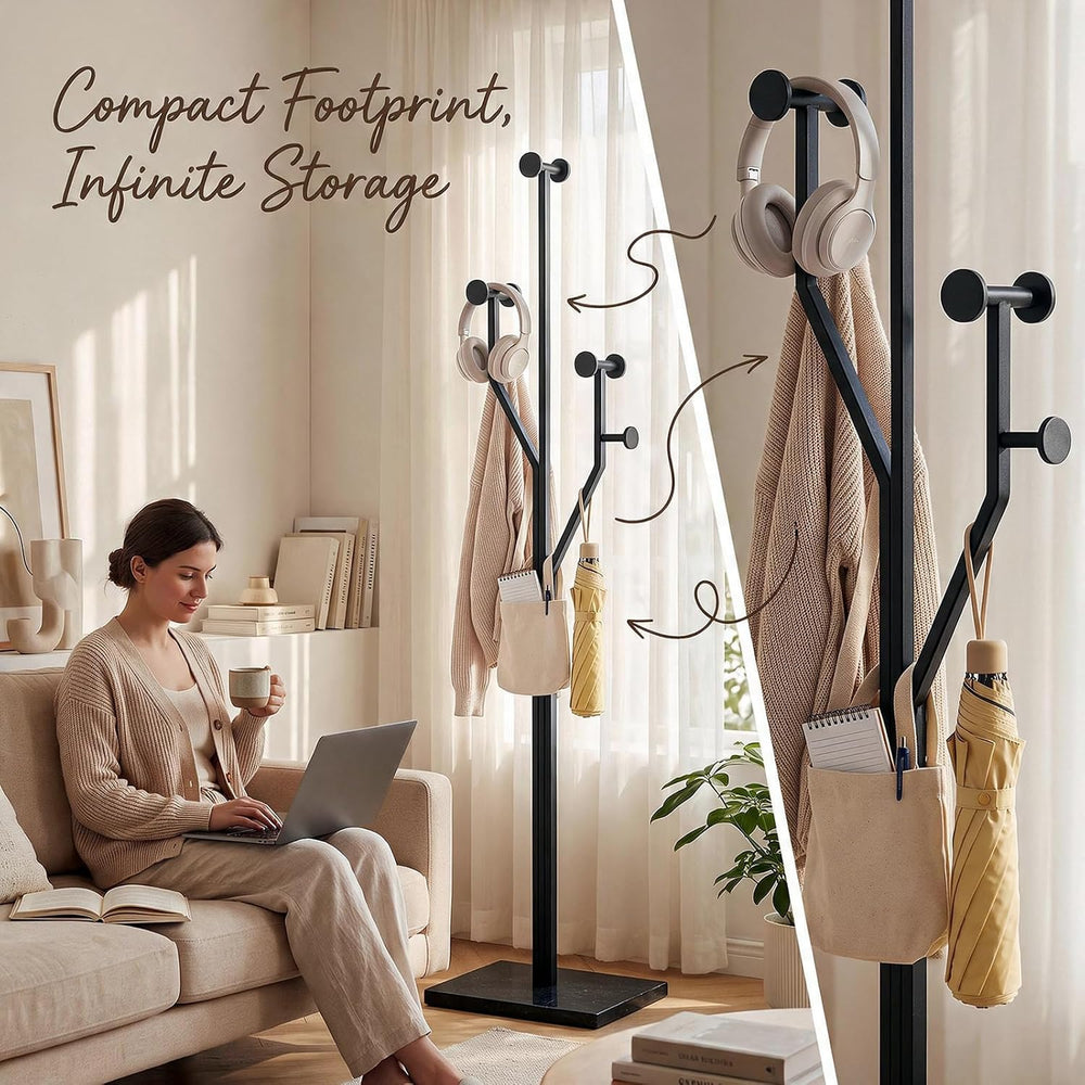 Modern Black Coat Racks Freestanding with 8 Hooks, Coat Tree for Entryway