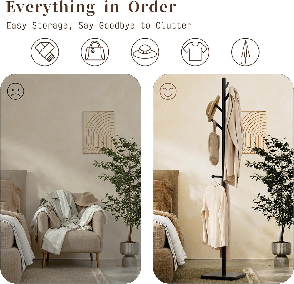 Nianerfaya Solid Wood Coat Rack, Free Standing Hall Coat Tree, Black