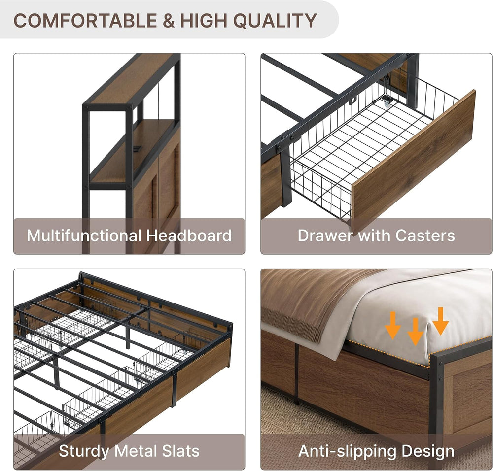 KISLOT 3PCS Bedroom Set with Storage, Industrial Bed Frame, Walnut, King