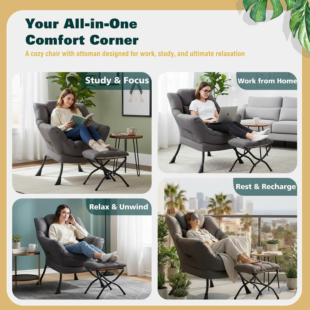 Lazy Chair with Ottoman, Comfy Reading Chair for Bedroom