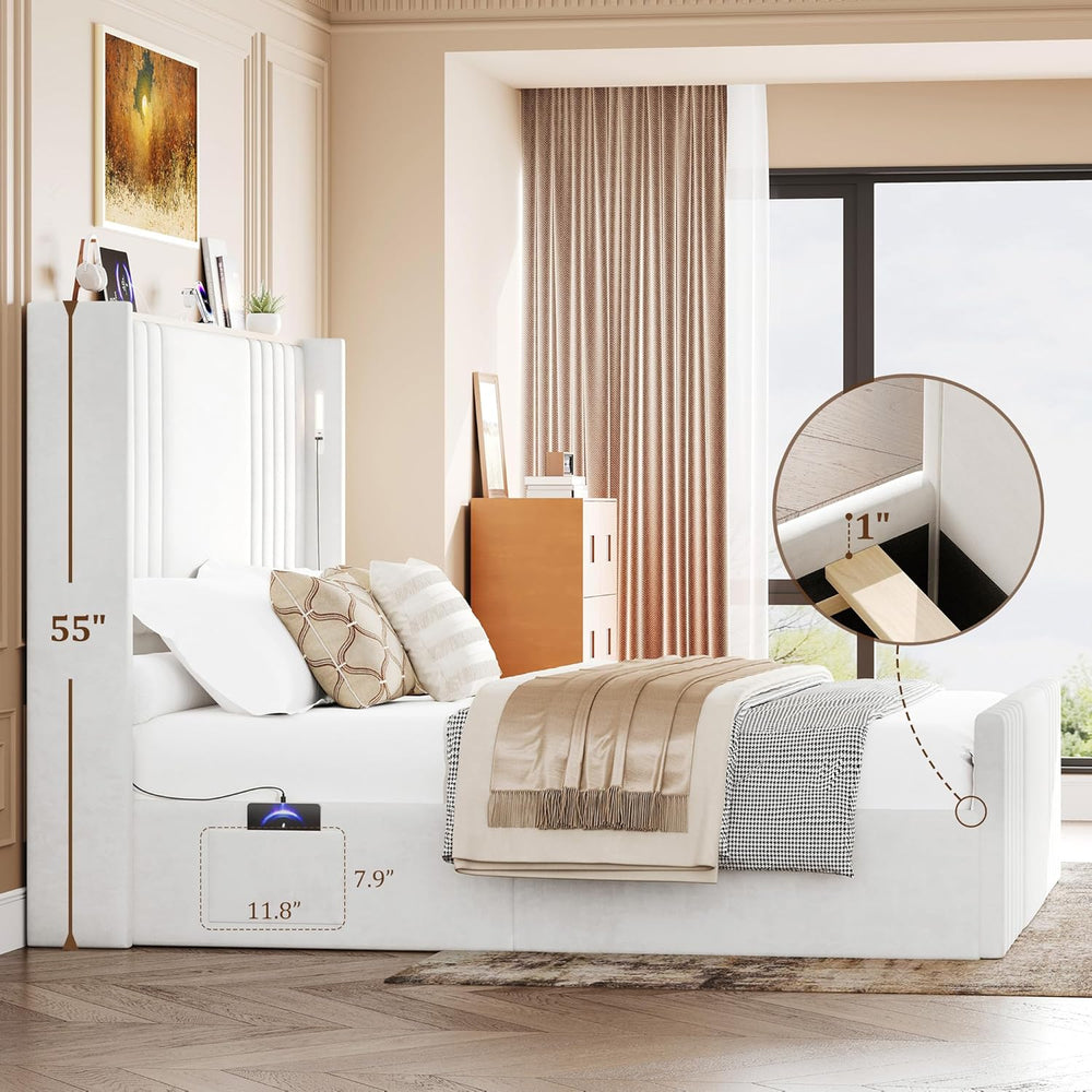 55" Tall Queen Size Platform Bed Frame with 2 Reading Lights, Cream