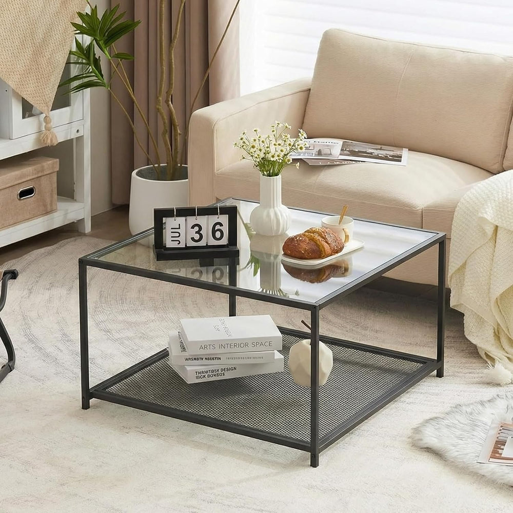 Black Glass Coffee Table, Square Coffee Tables with Storage Shelf, Simple Tea...