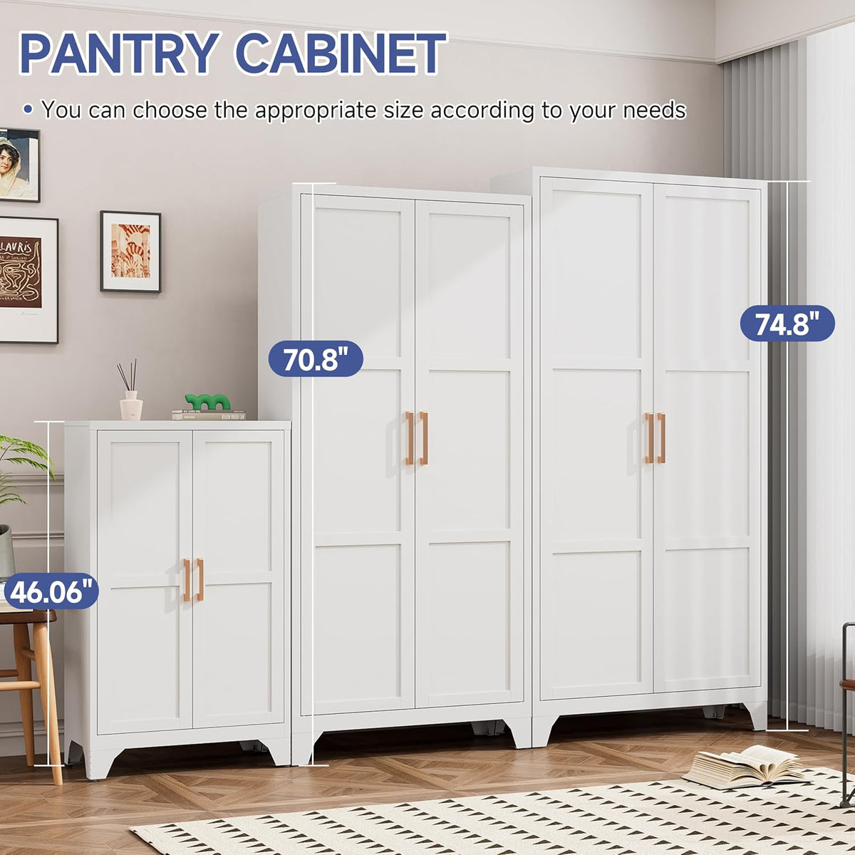 46.06" White Metal Storage Cabinet, 2 Door Adjustable Shelves Freestanding Pantry Cabinet (White, 11.81" D x 23.62" W x 46.06" H)