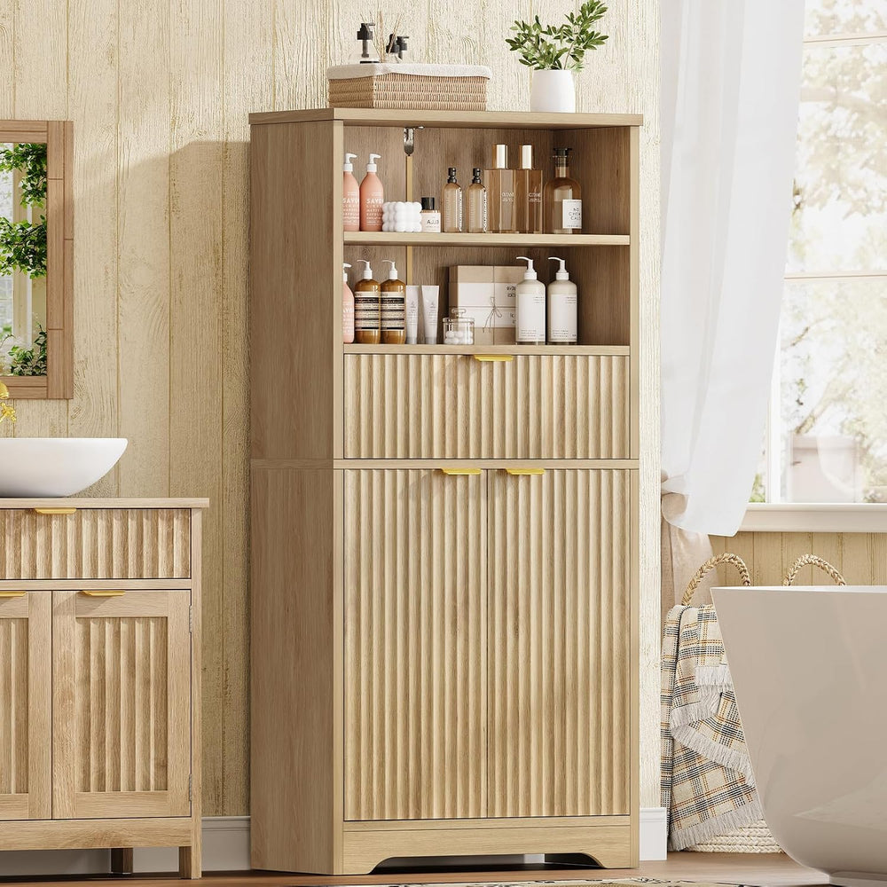 TEENFON Tall Storage Cabinet with Adjustable Shelf & Drawer, Fluted Cabin...
