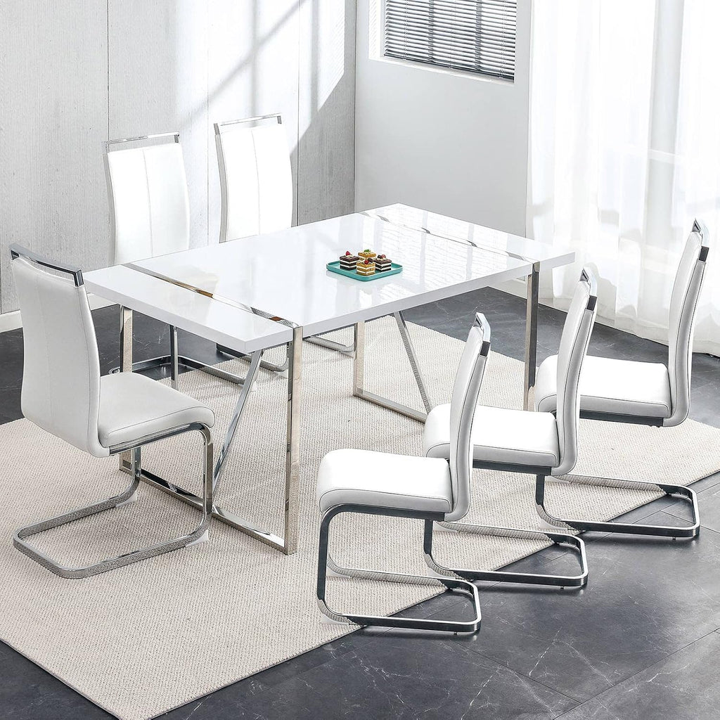 Ebullient Dining Table Set for 6，White Rectangular MDF Kitchen Table and Leather Dining Chairs Set of 6, 7 Piece Dining Table Set，Modern Dining Room Table Set 6 with Metal Frame for Kitchen