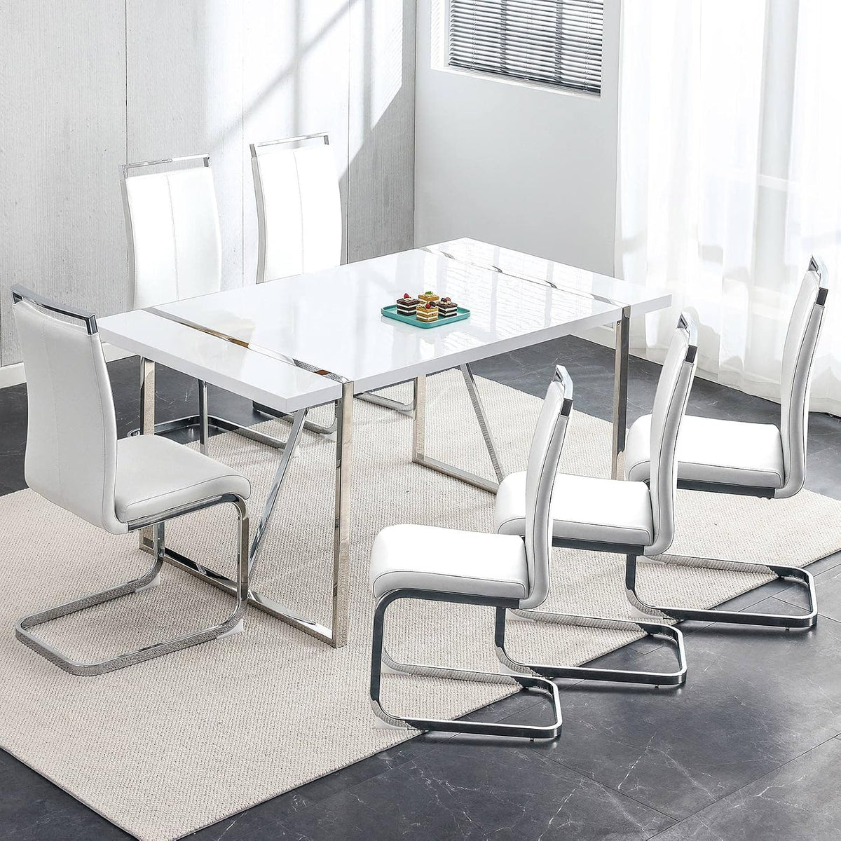 Ebullient Dining Table Set for 6，White Rectangular MDF Kitchen Table and Leather Dining Chairs Set of 6, 7 Piece Dining Table Set，Modern Dining Room Table Set 6 with Metal Frame for Kitchen