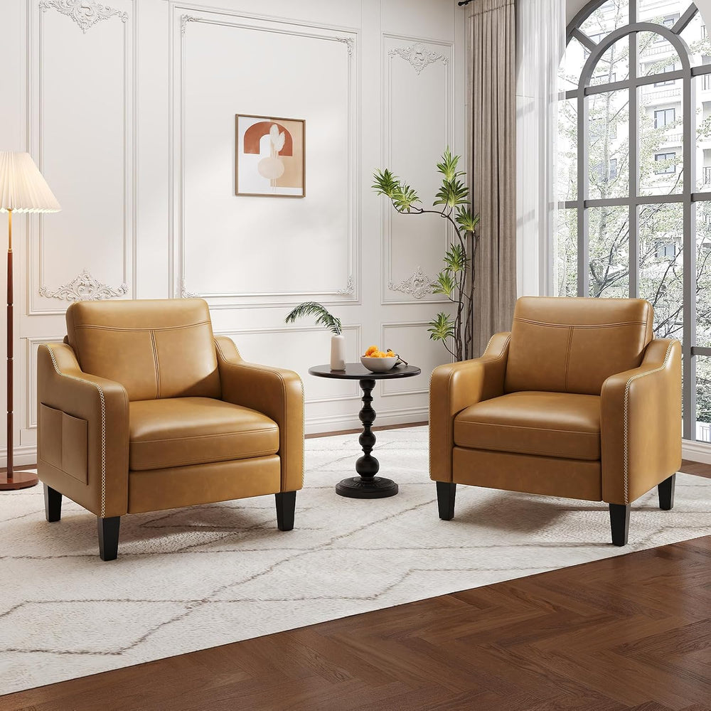 MALOL PU Leather Accent Chair Set of 2 with Solid Wood Frame, Brown