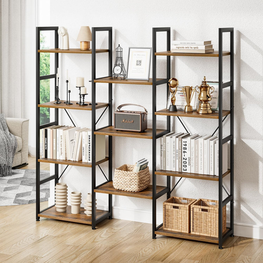NUMENN Triple Column 4 Tier Bookshelf with 11 Adjustable Shelves, Vintage