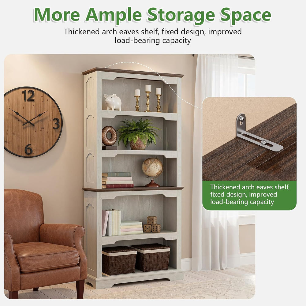 70'' Farmhouse White Bookcase Bookshelf, 5 Tiers Bookshelf with Arche...