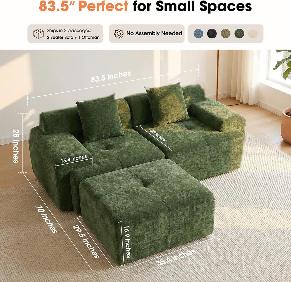 Modular Loveseat Couch with Ottoman, 60" Deep Seat Boneless Sofa
