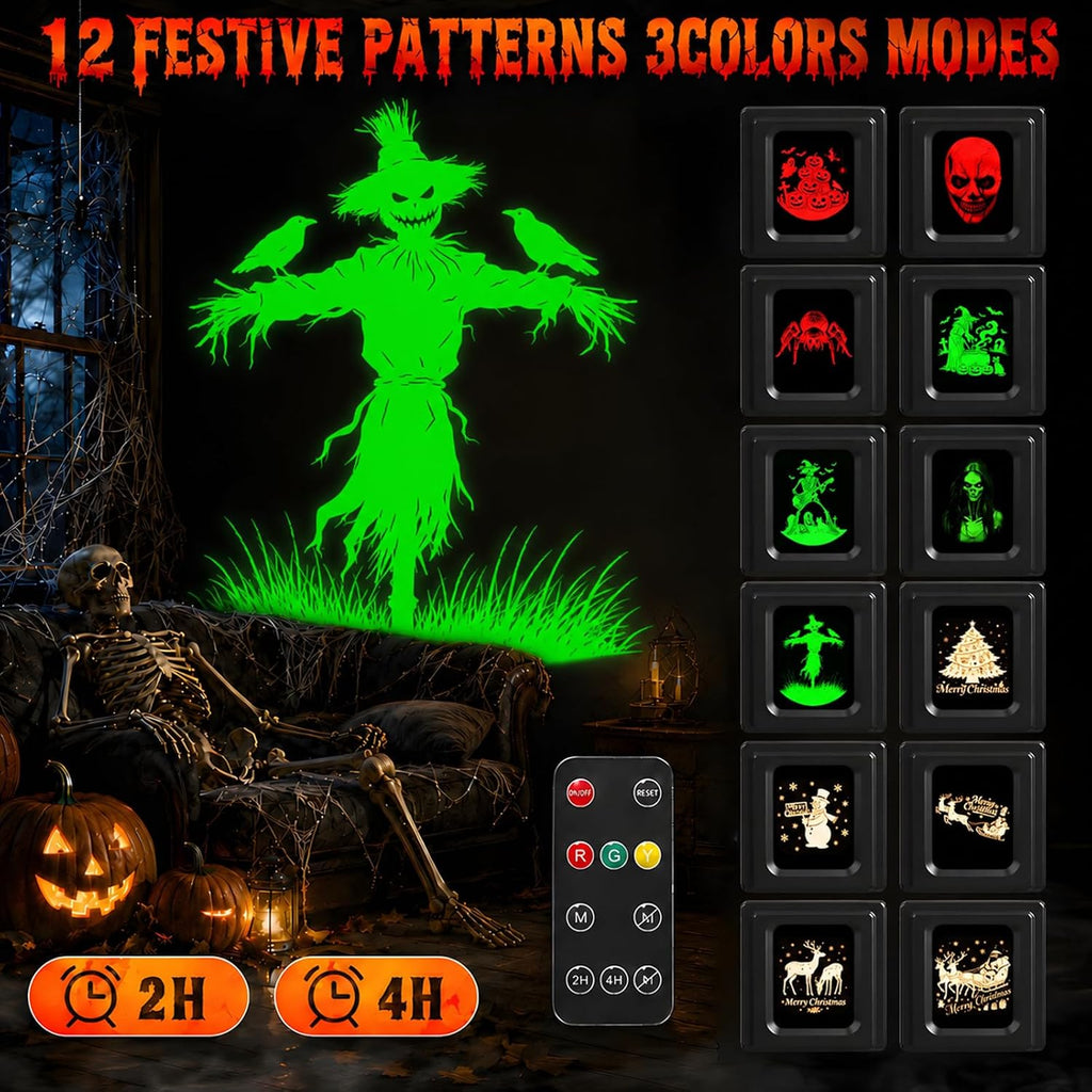 12 in 1 Halloween Projector Outdoor - 3D Dynamic Halloween Decorations,Clearer Skull/Spider/Pumpkin/Witch Cauldron HD Patterns,Holiday Lights for Window Garage Door Cover