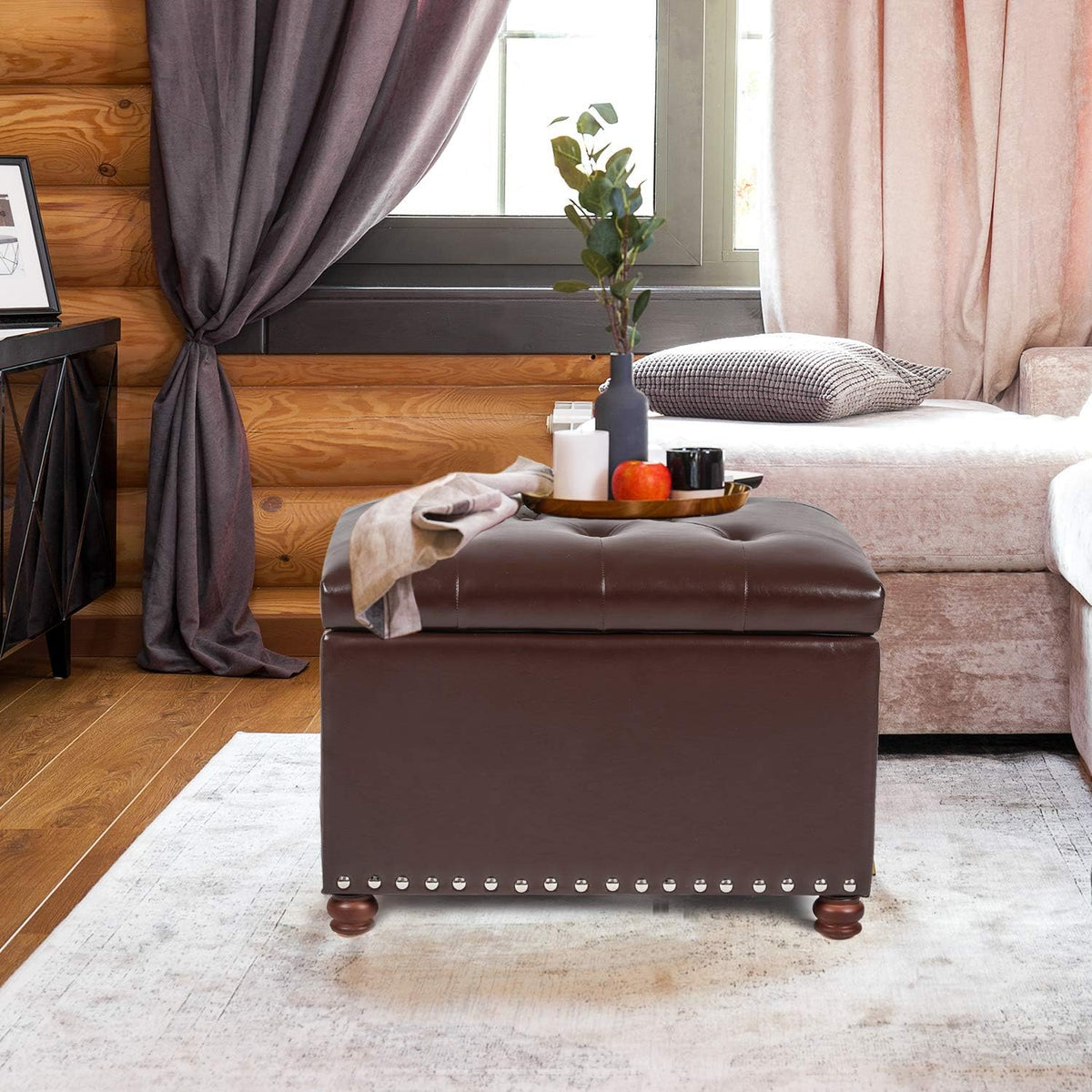 Adeco Button Tufted Accents Rectangular PU Leather Storage Bench Ottoman Footstool for Living Room Bedroom