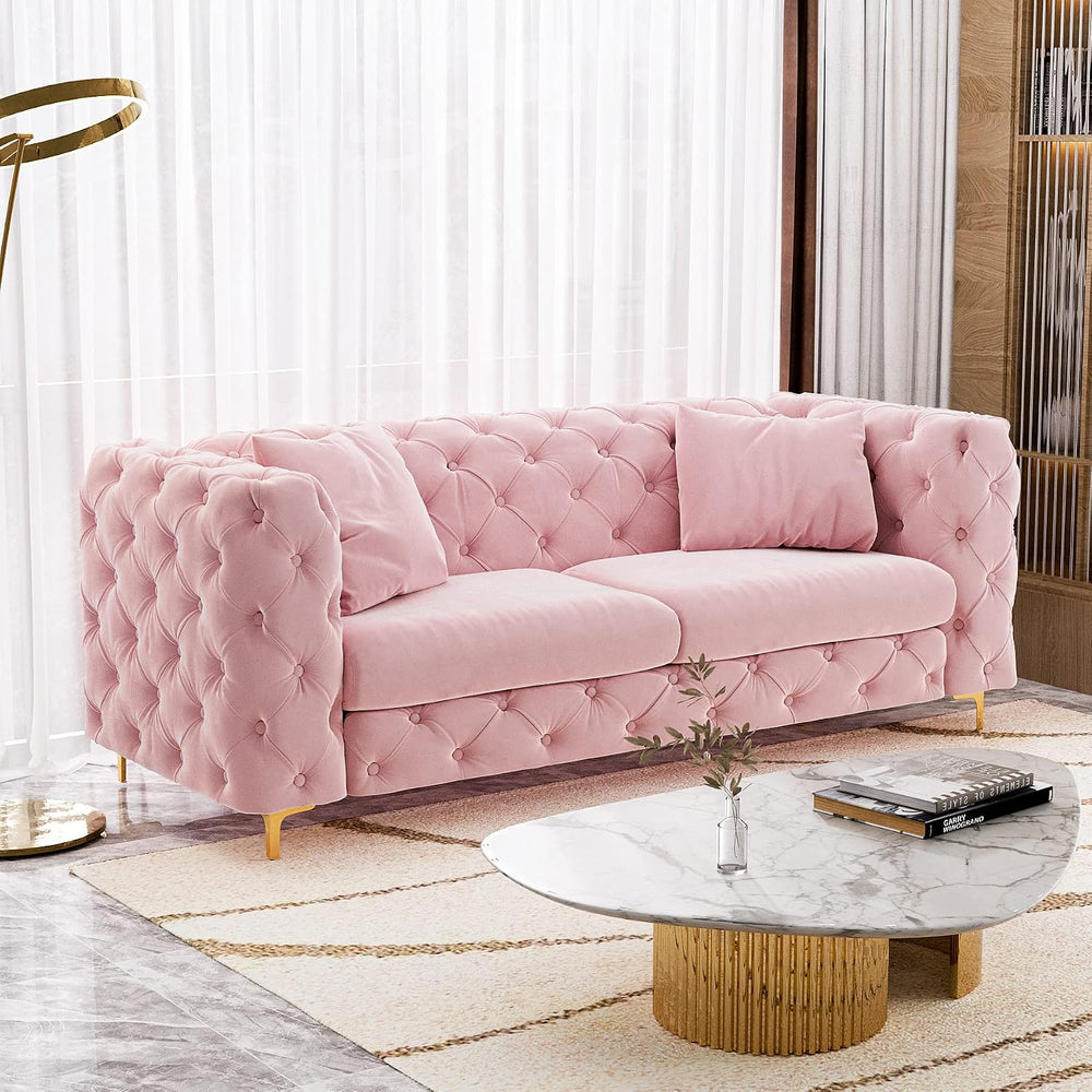2-Piece 75" Mid Century Velvet Sofa Set, Tufted Back, Gold Metal Legs