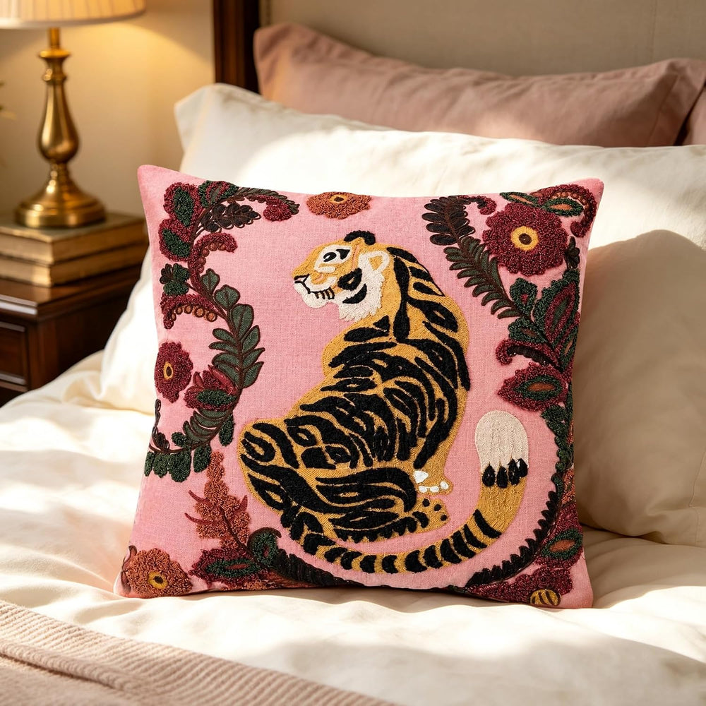 Embroidered Tiger Throw Pillow 20 x 20 Inch