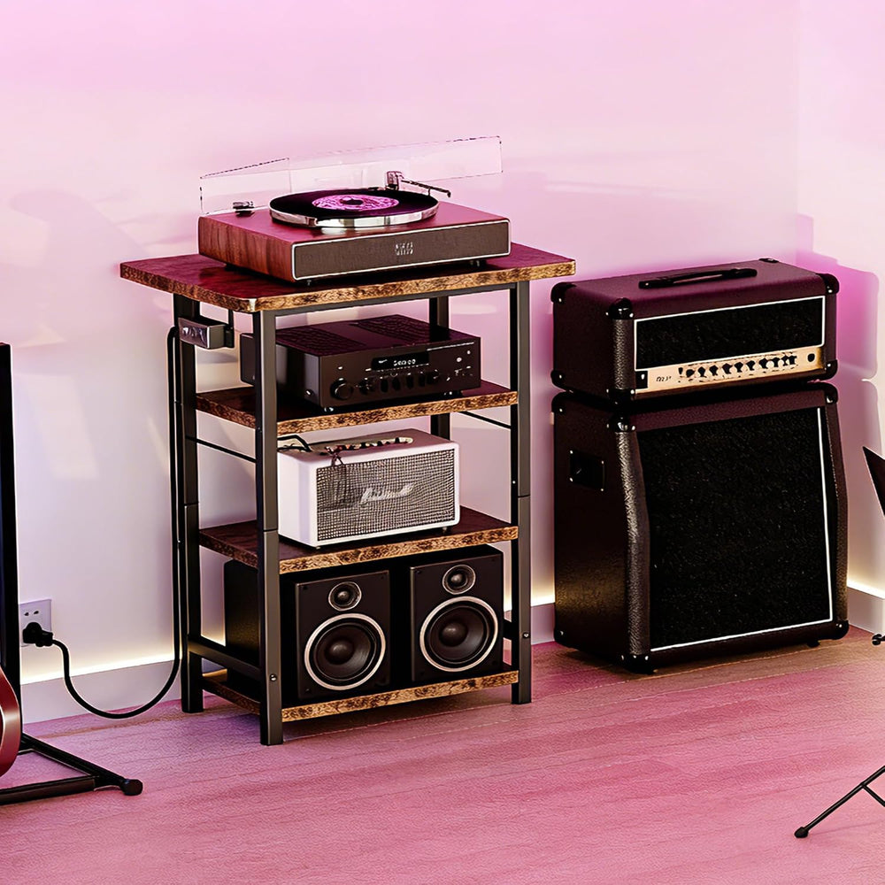 Homeiju 4-Tier AV Media Stand with Power Outlet, Wooden Record Player Stand, ...
