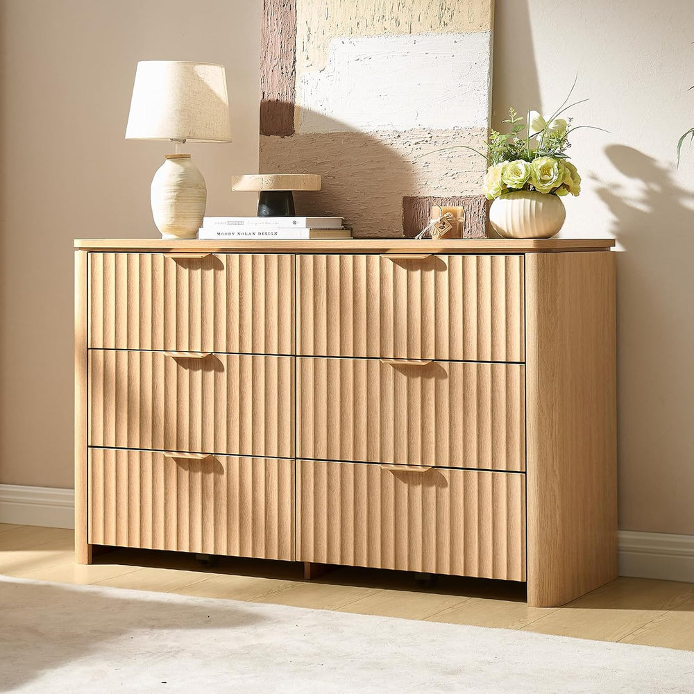 Fluted 6 Drawers Dresser for Bedroom-47.3" Wide Wooden Chest of Drawers ...