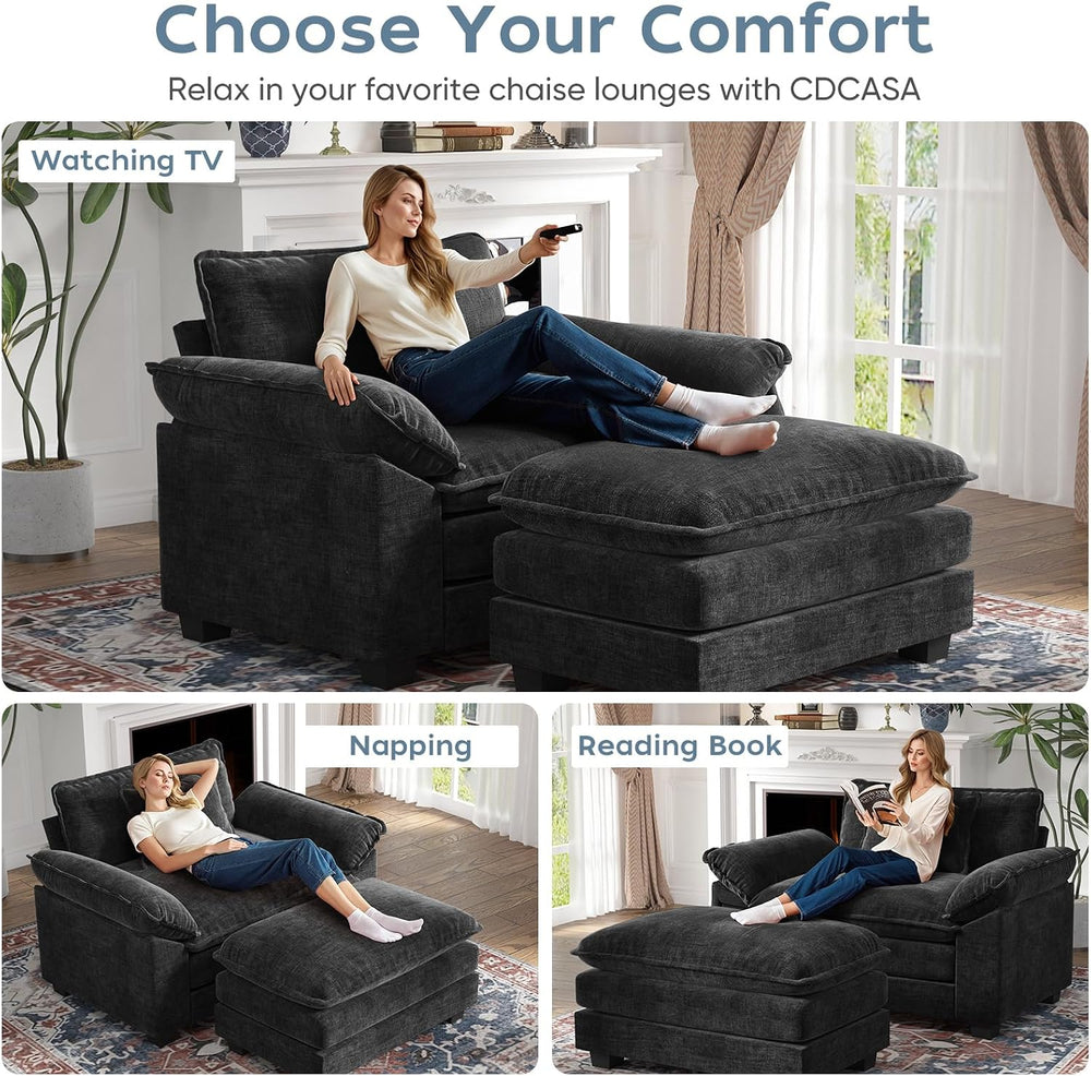 CDCASA Oversized Accent Chair w/Ottoman, Chenille Cloud Sofa Chair, Black
