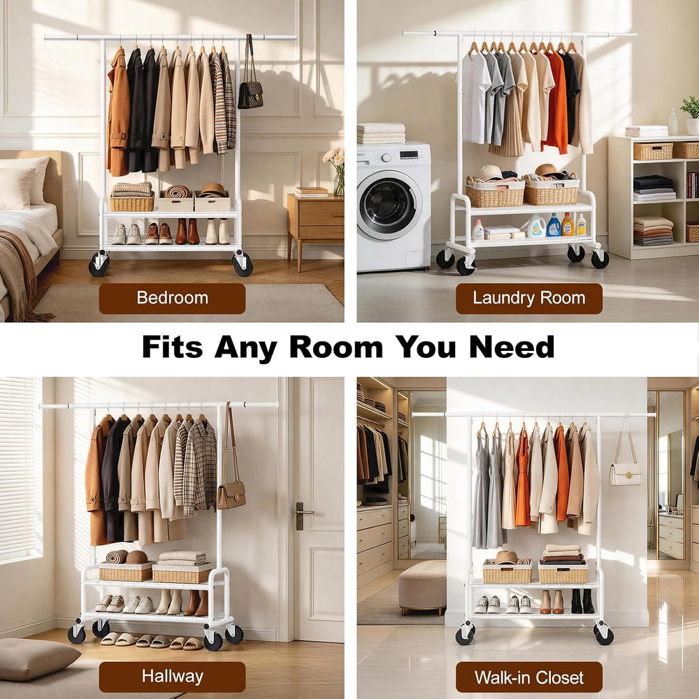 Clothes Rack Heavy Duty, 550 LBS Rolling Clothing Rack with Wheels, White