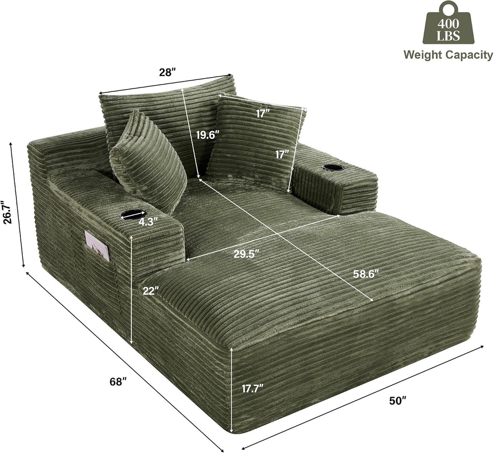 68" Oversized Boneless Chaise Lounge Chair Indoor with Cup Holders,Green