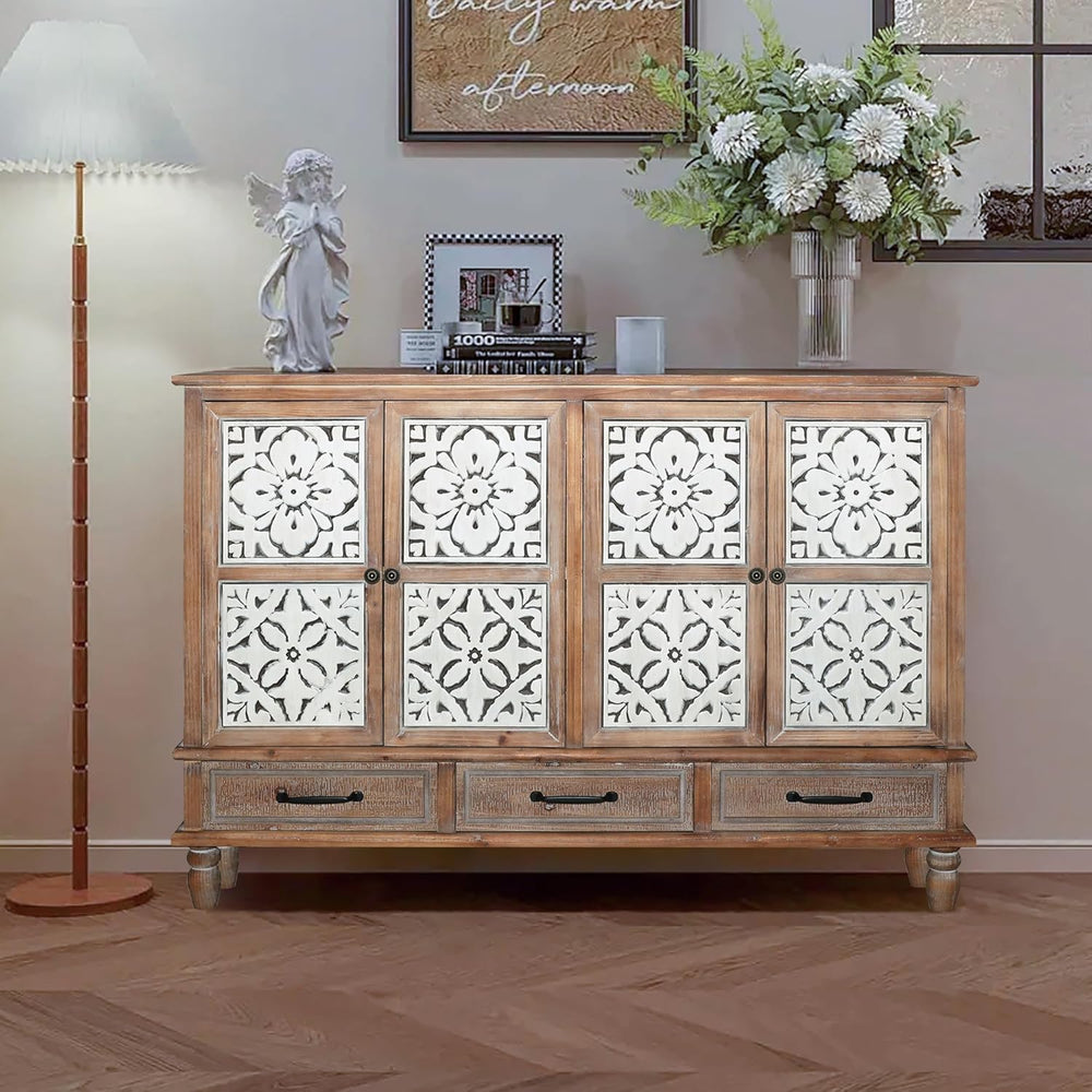 LKTART 59" Solid Wood Sideboard Buffet Carved Storage Cabinet with Drawers
