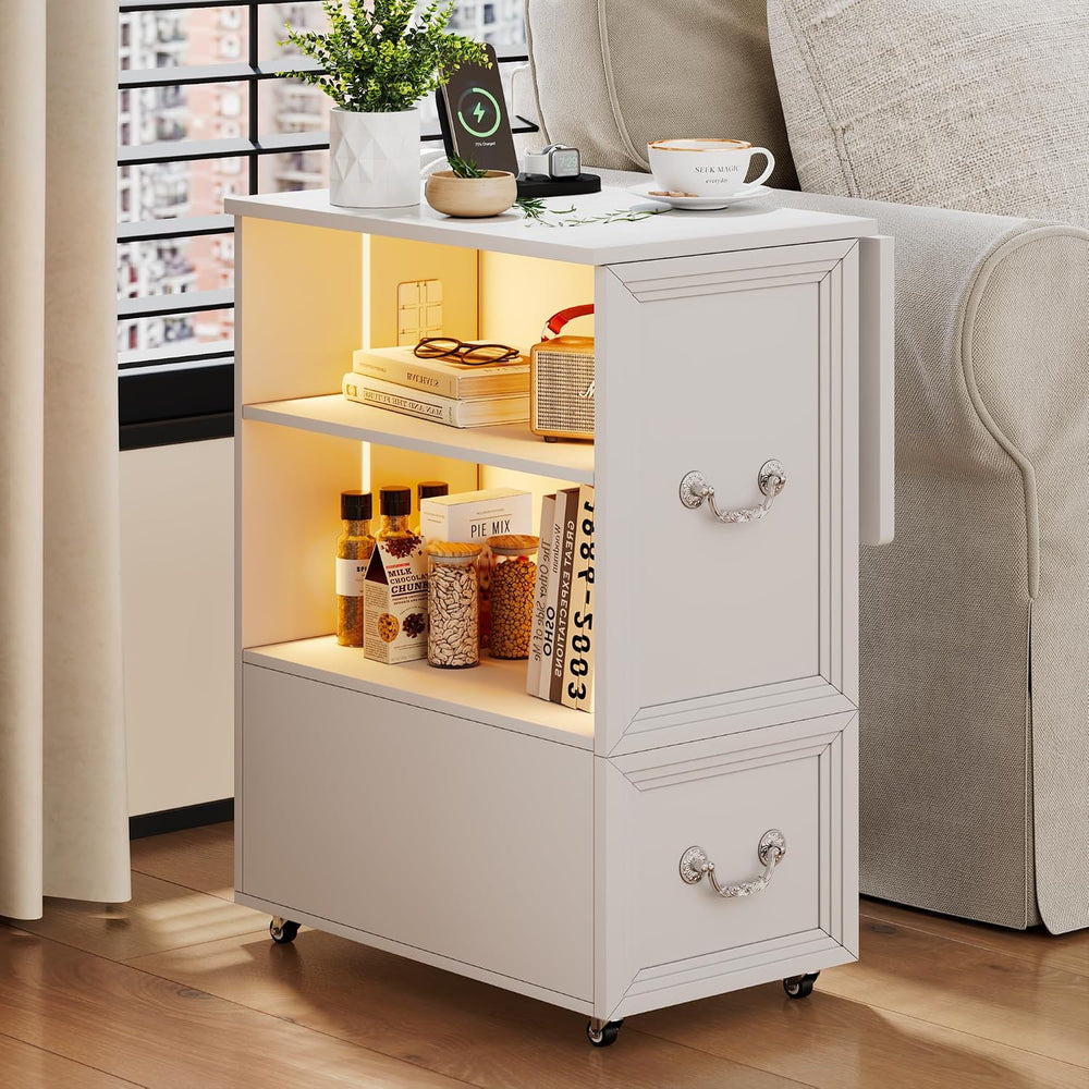 Dystler Rolling Side Table on Wheels, with Drawers & LED Lights Charging