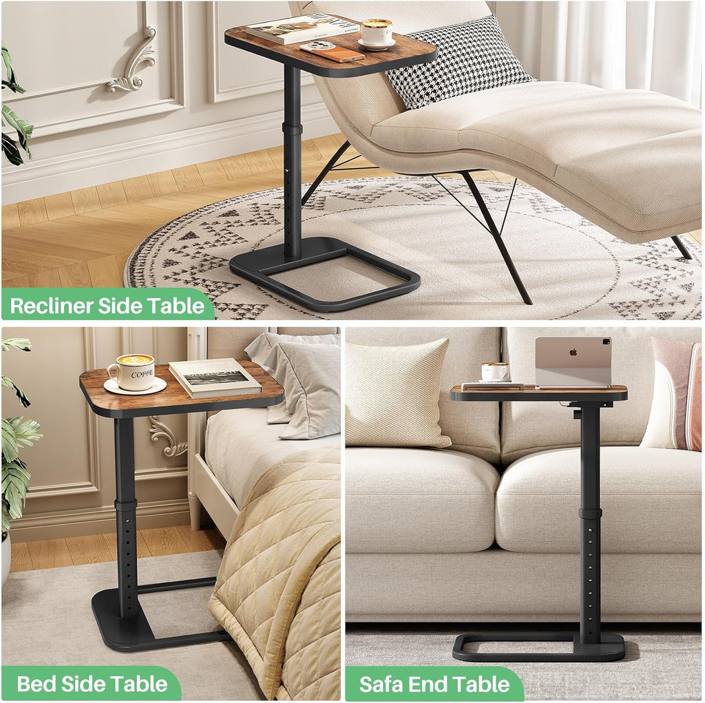Kitstorack Upgraded TV Tray Table with Panel Lock, 90° Flip-Over Design & Adjustable Height, Sofa Arm Side Table for Eating, Laptop, Couch, Bed, or Small Spaces, Brown