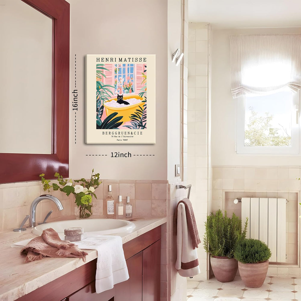 Funny Bathroom Canvas Wall Art Set of 3, Matisse Black Cat Animal Wall Decor ...