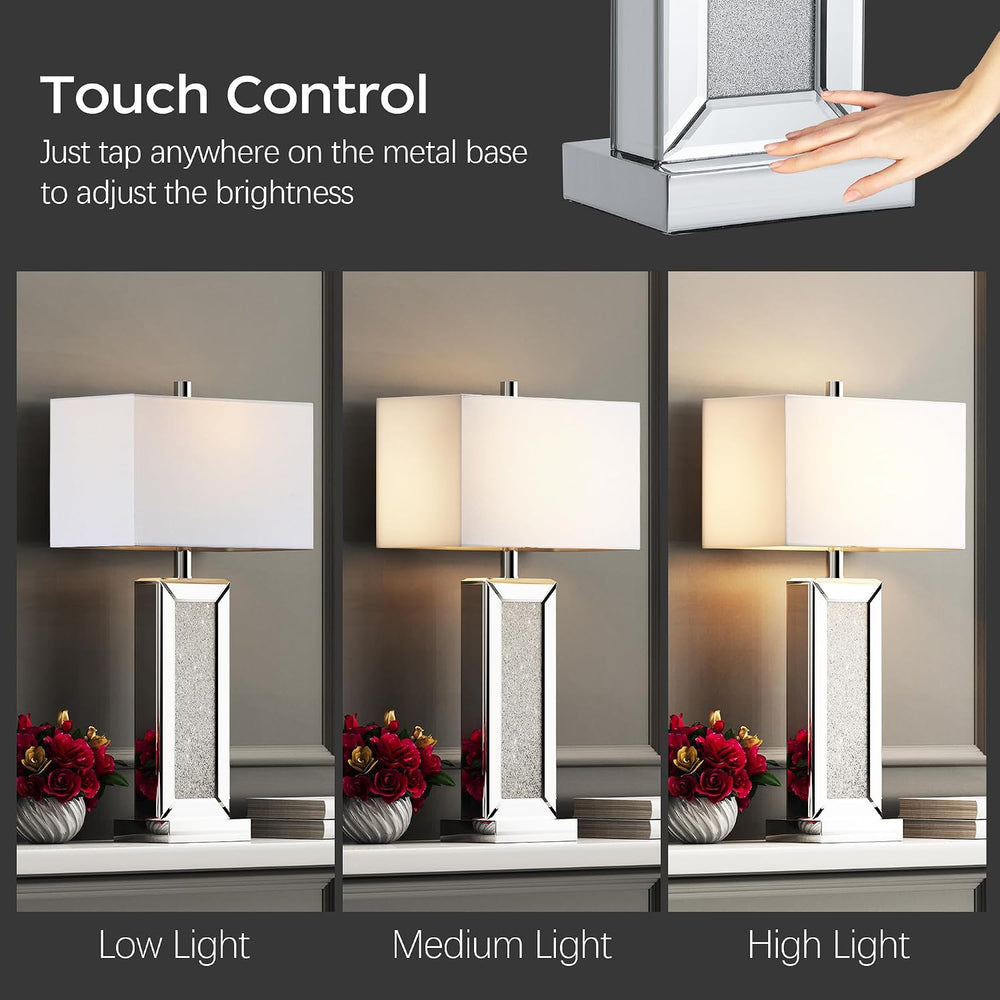 Modern Table Lamp Set of 2 Touch Control, Silver Mirror Diamond Crystal Bedsi...